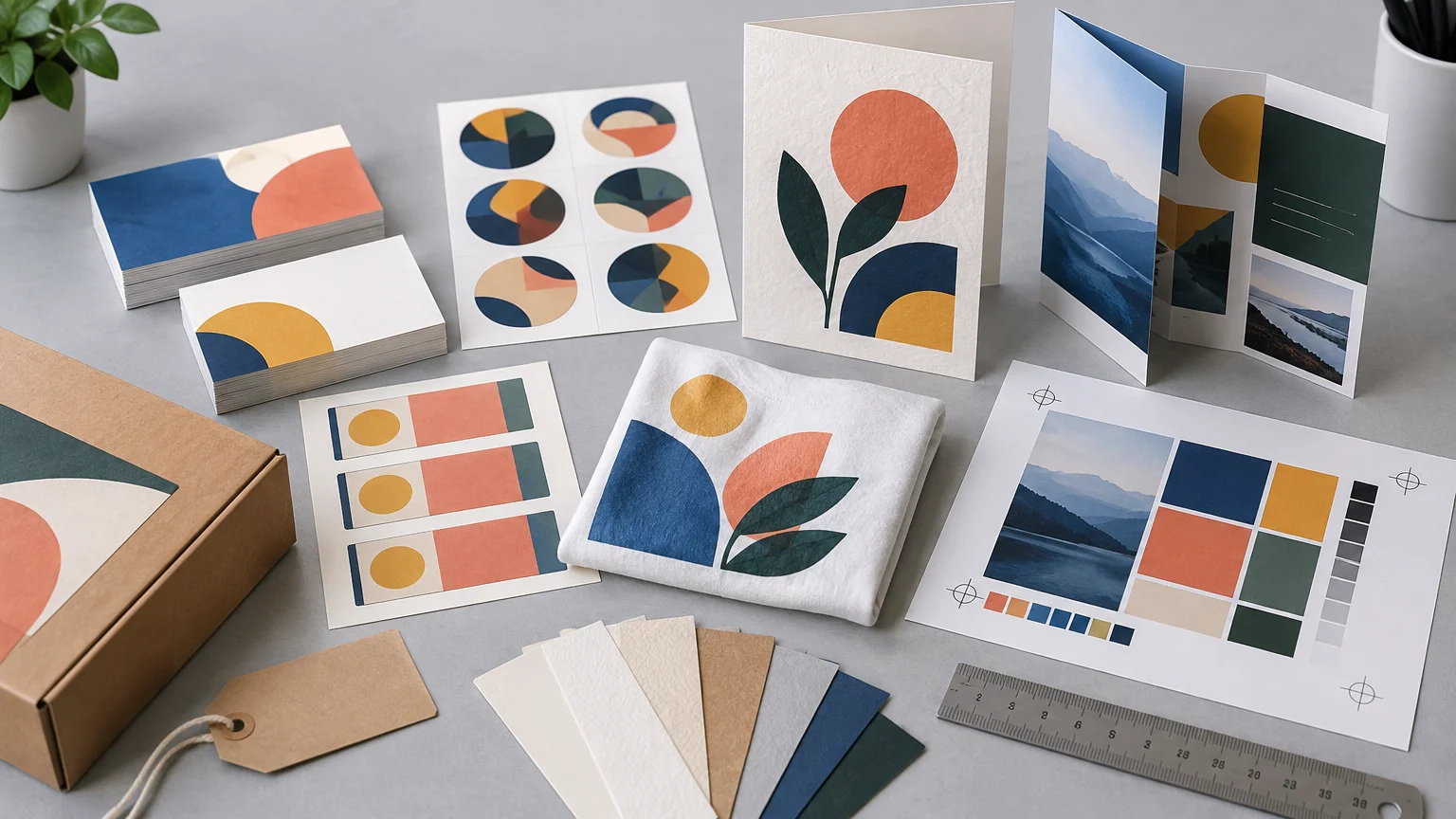 A neutral tabletop display of printed product samples, including stacks of abstract business cards, sticker sheets, folded brochures, a color proof sheet, paper swatches, a printed T-shirt, tags, packaging, and a metal ruler.