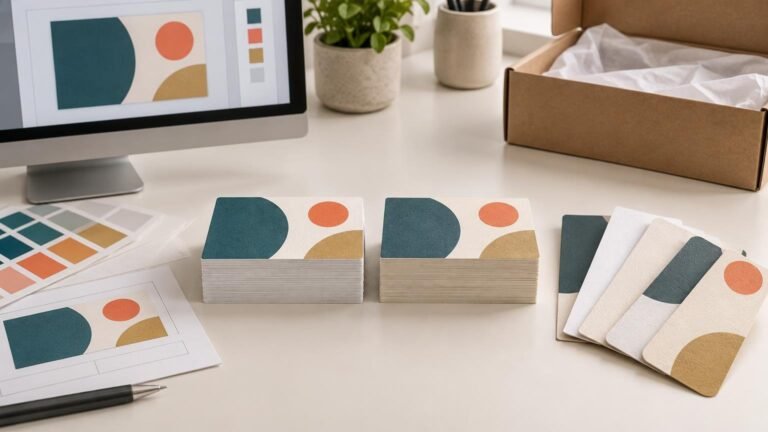 Neutral print-design workstation with two stacks of geometric-pattern business cards, assorted paper-stock samples, color swatches, a proof sheet, computer monitor, and an open shipping box.