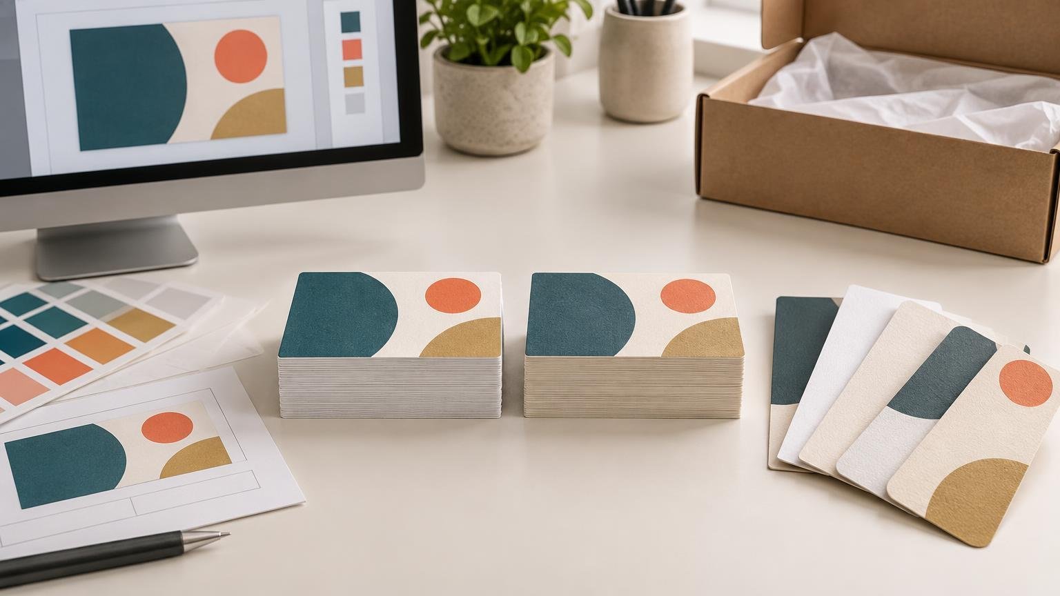 Neutral print-design workstation with two stacks of geometric-pattern business cards, assorted paper-stock samples, color swatches, a proof sheet, computer monitor, and an open shipping box.