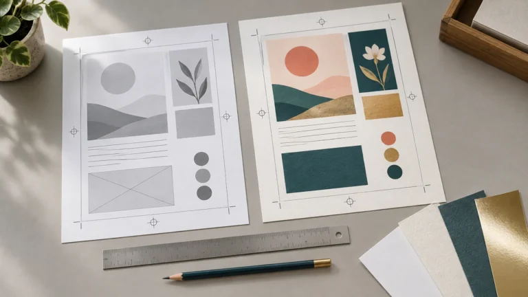 Overhead view of two printed proof sheets on a desk: a grayscale layout proof with crop marks on the left and a colored botanical design proof with color swatches on the right, alongside a ruler, pencil, textured paper samples, and a gold foil sheet.