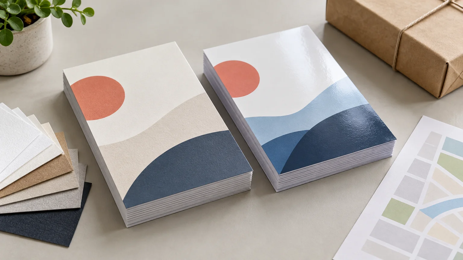 Two stacks of abstract geometric printed cards or small flyers on a tabletop, shown beside layered paper-stock samples, a color swatch sheet, a potted plant, and a wrapped parcel.