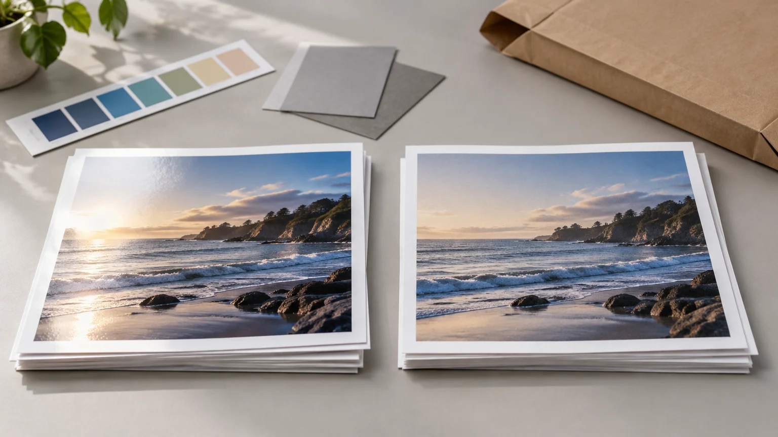 Two stacks of unbranded glossy beach landscape photo prints on a neutral tabletop, arranged beside color swatches, gray paper samples, a leafy plant, and a brown paper mailer.