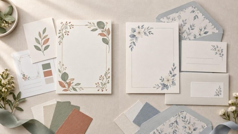 Overhead view of two coordinated floral wedding invitation suites on a cream fabric surface, with blank invitation cards, matching envelopes, reply cards, paper swatches, and small white flowers arranged around them.
