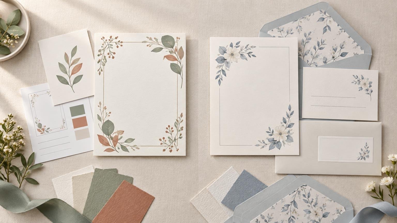 Overhead view of two coordinated floral wedding invitation suites on a cream fabric surface, with blank invitation cards, matching envelopes, reply cards, paper swatches, and small white flowers arranged around them.