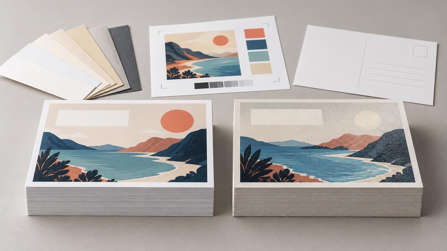 Two stacks of illustrated landscape postcards on a neutral tabletop, shown with a fan of paper stocks, a color proof sheet, and a blank postcard back with address lines.