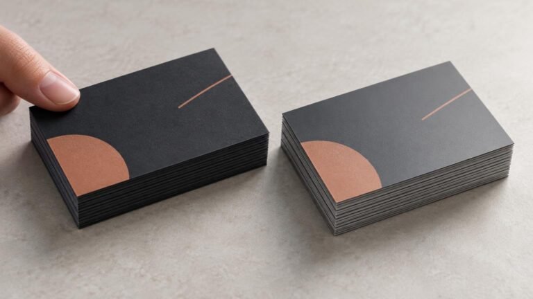A hand touches a stack of dark charcoal business cards beside a matching stack on a light gray surface; each top card has a copper-colored semicircle and short diagonal line.