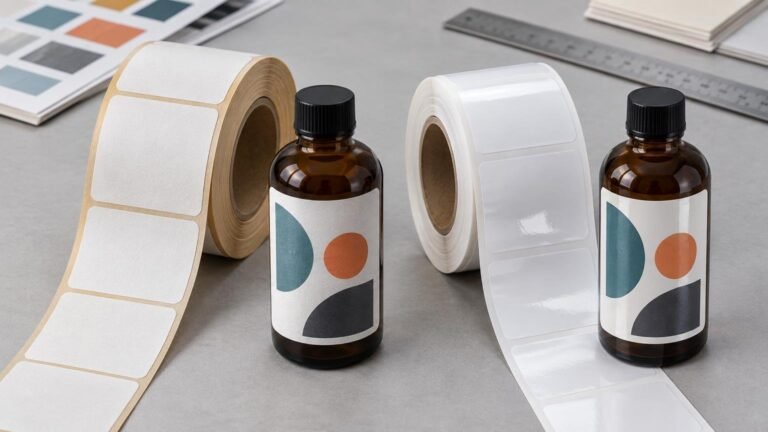 Two unbranded amber bottles stand between large rolls of blank rectangular labels on a gray work surface, comparing a matte off-white paper-like label roll with a glossy white roll; color swatches, a ruler, and stacked paper sit in the background.
