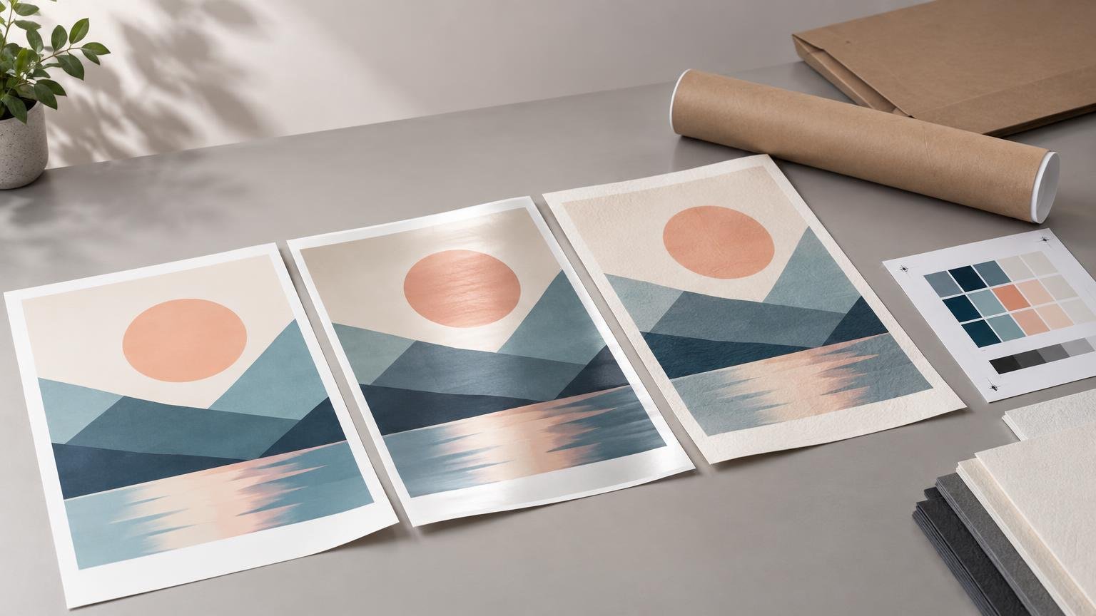 Three geometric landscape poster print samples with different apparent paper finishes lie on a gray worktable beside a color swatch sheet, stacked paper samples, and mailing tubes.