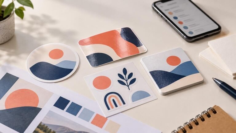 Overhead view of unbranded illustrated sticker sheets, rounded sample cards, color swatches, paper stacks, a pen, and a smartphone on a light desk.