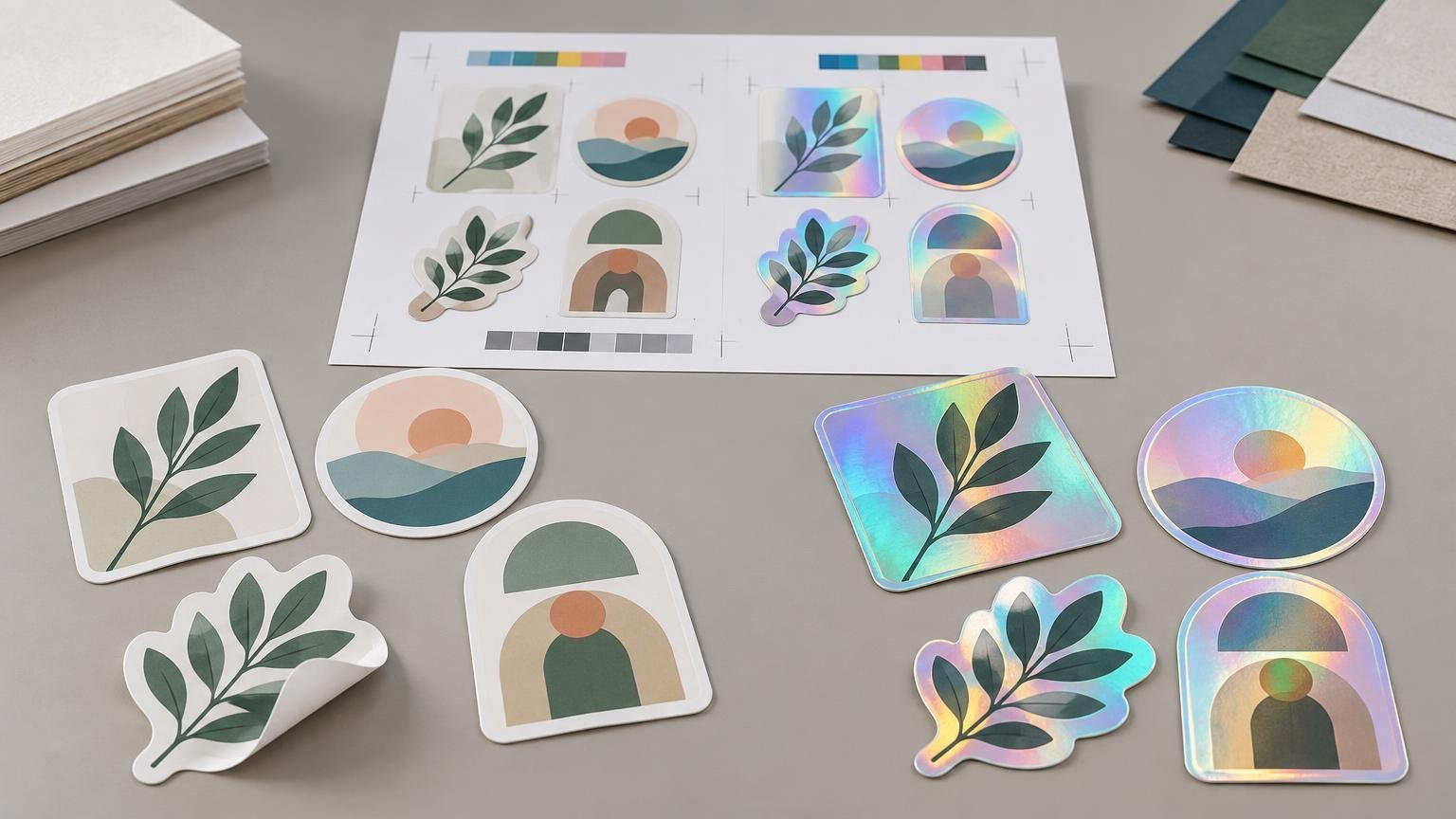 Overhead view of matte white and iridescent holographic stickers with botanical and abstract landscape designs, arranged around a printed proof sheet on a gray work surface with stacks of paper and dark paper swatches.