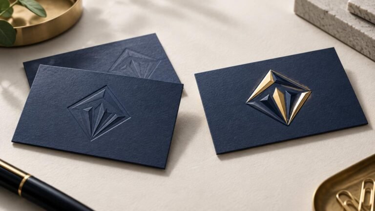 Three dark navy card samples on a cream desk: two show matte raised geometric diamond motifs, and one shows a glossy gold-and-navy dimensional diamond design.