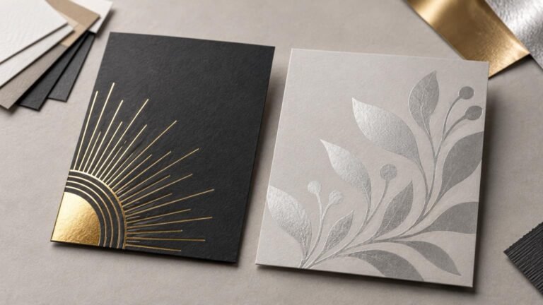 Two square paper print samples on a neutral work surface: a black card with a reflective gold sunburst design beside a pale gray card with a silvery botanical design, surrounded by stacked paper swatches and metallic sheets.