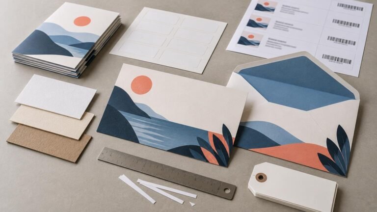 Overhead view of coordinated direct-mail print samples: illustrated postcards and envelope, blank label sheet, mailing sheet with barcode-like marks, paper-stock swatches, ruler, trim scraps, and stacked tags on a neutral work surface.