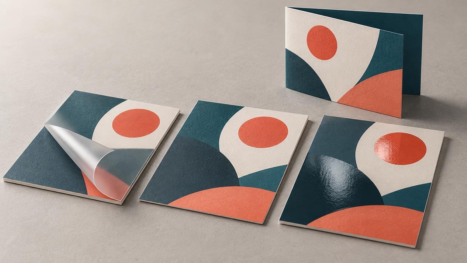 Four unbranded geometric print samples on a neutral tabletop, including one with a curled clear film layer, one matte-looking sheet, one glossy textured sheet, and one upright folded card.