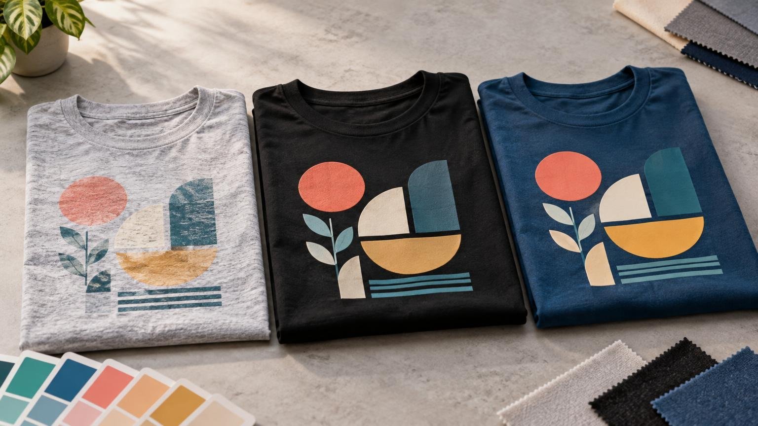 Three folded T-shirts in heather gray, black, and navy display the same abstract geometric flower design on a neutral work surface, surrounded by fabric and color swatches.