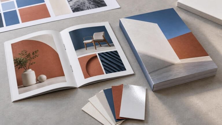 Open saddle-stitched catalog beside a thick stack of unbranded catalogs, paper-stock swatches, and a color proof sheet on a neutral gray work surface.