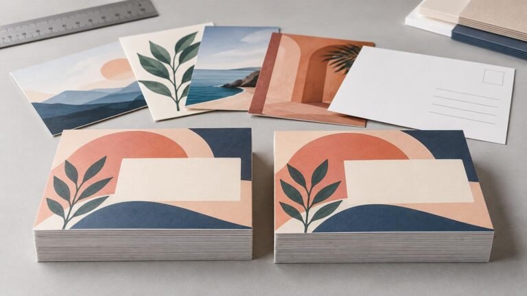 Two stacks of unbranded postcards with abstract peach, navy, and leaf illustrations sit on a gray worktable, with assorted postcard samples, a ruler, and paper stock stacks in the background.