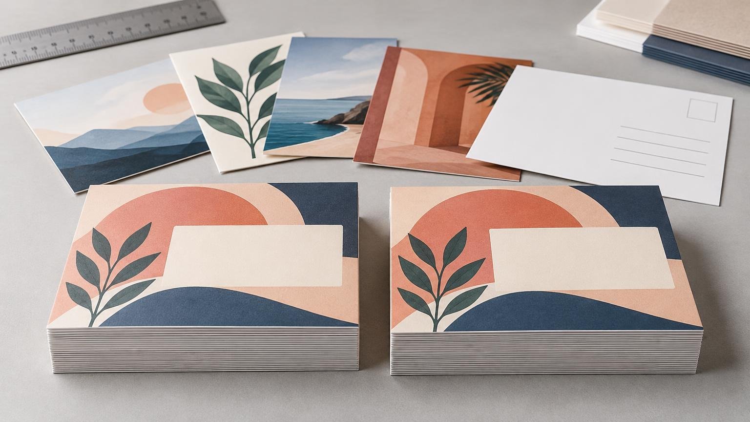 Two stacks of unbranded postcards with abstract peach, navy, and leaf illustrations sit on a gray worktable, with assorted postcard samples, a ruler, and paper stock stacks in the background.